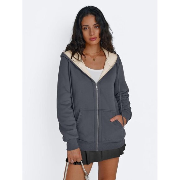 Womens Dark grey Fleece Lined Zip Up Hoodie Jacket Winter Sweatshirt Fall Coat - Picture 2 of 5